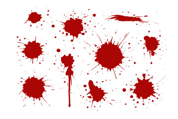 Red ink splatters, blood splatter vector set. Grunge paint spots and messy splashes. Abstract texture for horror or Halloween design. Dripping bloodstain graphic elements.