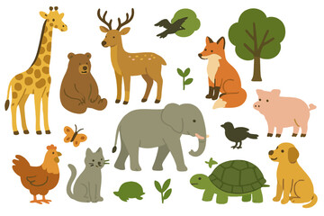 Cute animal collection vector set. Cartoon characters for kids. Wildlife, forest, farm, pet, zoo, safari animals. Giraffe, bear, deer, fox, elephant, cat, dog illustration.