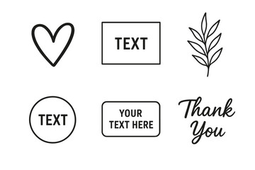 Set of minimal outline frames, labels, and tags. Collection includes hand-drawn heart, botanical leaf element, and a handwritten Thank You script for customizable designs.