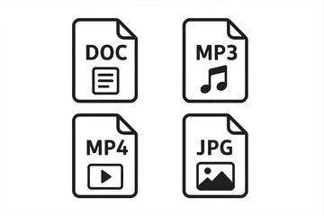 File type icon set with DOC, MP3, MP4, JPG formats. Vector line art symbols for document, audio, video, and image files. Multimedia data format pictograms for web.