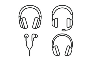 Headphones vector icon set. Audio equipment for music listening. Headset with microphone, earphones, earbuds. Outline illustration for web, app, logo. Isolated on white.