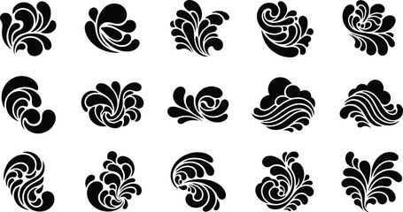 Set of Abstract Floral Designs – Black and White Vector Collection of Petal and Leaf Patterns in Grid.