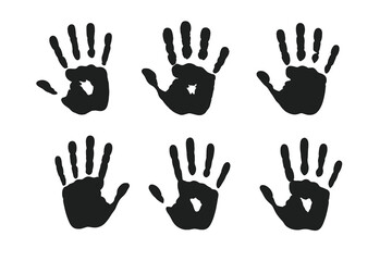 Set of black handprint silhouettes. Human palm prints vector illustration. Symbol of identity, touch, and unity. Diverse abstract palm impression design element.