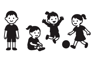 Set of cute cartoon children characters in different poses. Vector icons of a boy and girl standing, sitting, jumping, and playing soccer. Simple black and white kids.