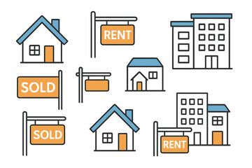 Fototapeta premium Real estate vector icon set with houses, apartments, for rent, and sold signs. Minimalist line art property graphics for realtor websites, apps, and marketing materials.