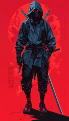 Mysterious dark ninja warrior standing ready with swords against a vibrant red background