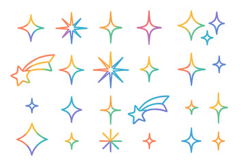 Colorful star sparkle line art set. Starburst icons and shooting stars collection. Twinkling sparkle shapes in vibrant rainbow gradient colors for creative design and celebration.