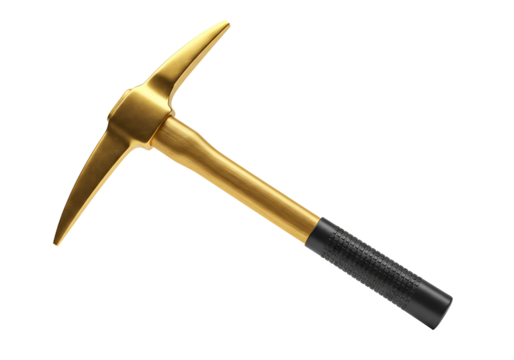 Golden pickaxe tool for mining and construction isolated on transparent background