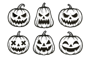 Hand-drawn Halloween pumpkin vector set, spooky jack-o'-lantern faces clipart outline variety, scary and playful expressions, horror theme illustration, autumn decor elements