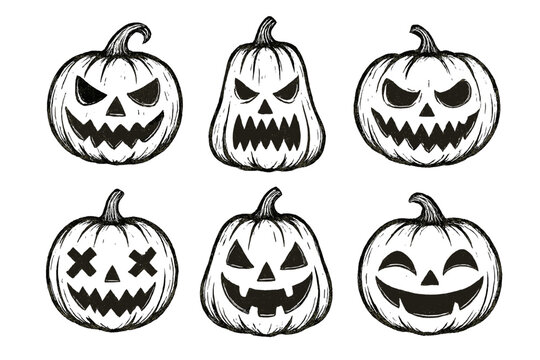 Hand-drawn Halloween pumpkin vector set, spooky jack-o'-lantern faces clipart outline variety, scary and playful expressions, horror theme illustration, autumn decor elements - Powered by Adobe