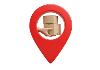 Red location pin with hand holding boxes inside isolated on transparent background