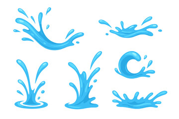 Dynamic water splash vector illustration set. Aqua flow, sea wave, and fresh drink drop icons. Clean liquid cartoon element collection isolated on transparent background.