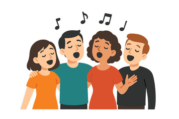 Group of diverse people singing together in a choir. Vector illustration for music events, concerts, or karaoke. Friends enjoying a vocal performance. Flat design isolated.