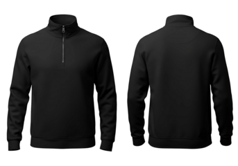 Black quarter zip pullover sweatshirt front and back views isolated on transparent background