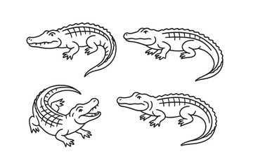 Vector outline crocodiles, alligators. Reptiles vector illustration for wildlife, zoo, animal designs. Kids crafts, coloring book page. Cute cartoon character set. Doodle.