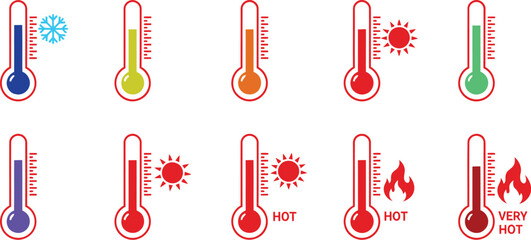 A set of colorful thermometer icons illustrating various temperature levels from cold with a snowflake to very hot with flames.
