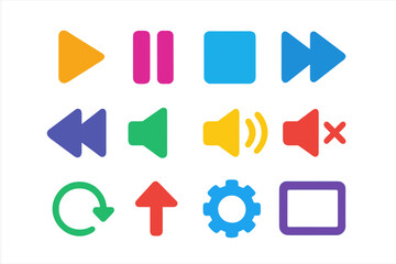 Colorful media player control icon set. Buttons for audio and video interfaces. Play, pause, stop, forward, rewind, volume, mute, and settings symbols for UI UX design.