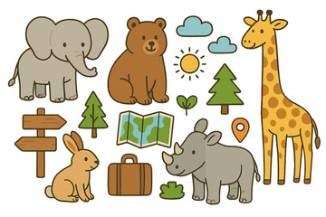 Cute animal character set for travel, tourism, nature. Vector collection with elephant, bear, giraffe, rabbit, rhino, map, icons for safari, zoo, adventure, journey.