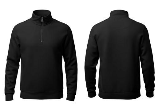 Black quarter zip pullover sweatshirt front and back views isolated on transparent background