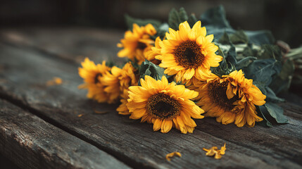 A bouquet of sunflowers on an old wooden table, with vibrant yellow petals and dark green leaves, symbolizing warmth and positivity. -
