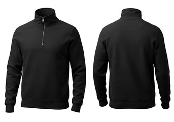 Black quarter zip pullover sweatshirt front and back views isolated on transparent background