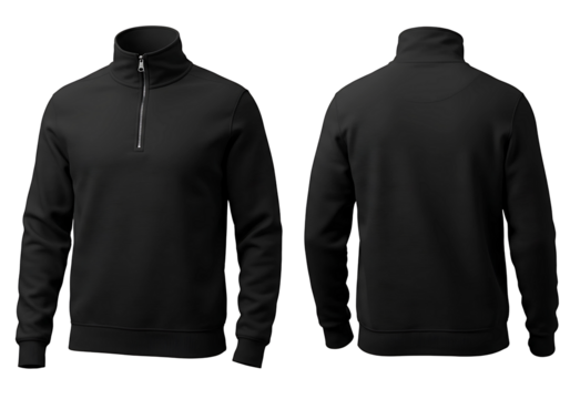Black quarter zip pullover sweatshirt front and back views isolated on transparent background