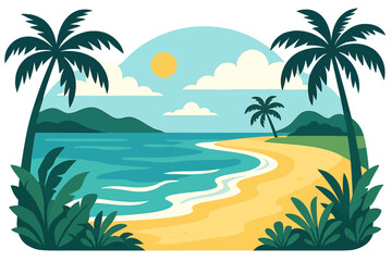 Tropical beach landscape with palm trees. Summer vacation background. Exotic island paradise for travel and relaxation. Seascape with sun and clouds. Nature destination vector.