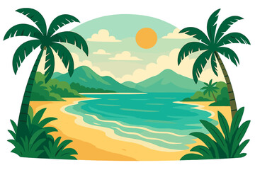 Idyllic tropical beach scene with palm trees, ocean view and mountains. Summer vacation, travel and holiday destination concept. Exotic paradise island landscape for relaxation.