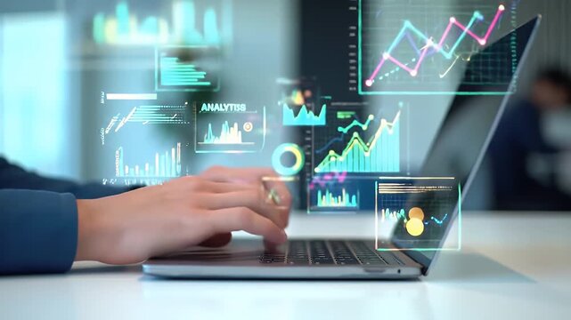 Person using laptop with data analytics and business intelligence visualizations. - Powered by Adobe