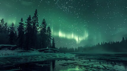 A mesmerizing view of the Northern Lights dancing over a frozen lake silhouetted by dark pine trees celebrating International Astronomy Day Celestial aweinspiring stock