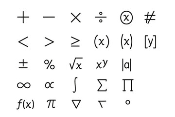 Mathematical symbols vector line art set. Various math symbol operations and functions for educational design. Math tutorials, algebra, and scientific illustration icons.