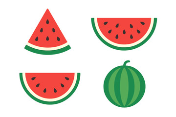 Watermelon slice vector set, summer fruit icons, watermelon half and full melon illustrations, fresh juicy melon graphic for summer designs, vector on transparent background