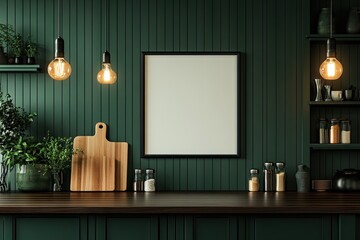 Modern kitchen interior with dark green walls and a blank framed poster