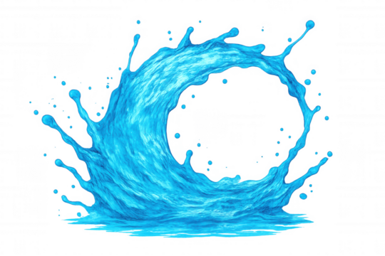 Water splash forming circular shape, blue droplets arching dynamically, transparent background highlighting liquid movement and fluid transparency