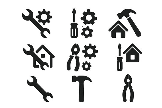 Hand tool vector icon set for home repair and maintenance. Construction service concept with house, gear, wrench, hammer, screwdriver, and pliers symbols. Isolated flat logo pack.