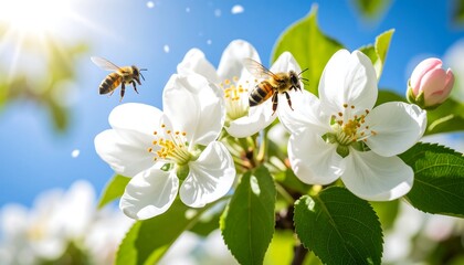 Obraz premium Bees pollinating white blossoms on a bright, sunny day