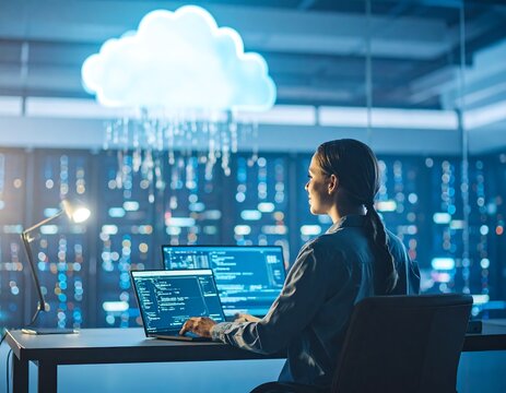 A woman works late at night in a server room