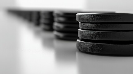 Close-up of black, stacked discs in a row