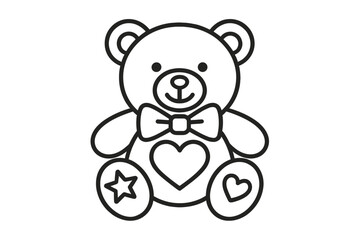 Teddy bear vector outline with heart, star, and bow tie. Cute line art icon for coloring, kids design, baby shower, or Valentine's Day gift. Cuddly toy drawing illustration.