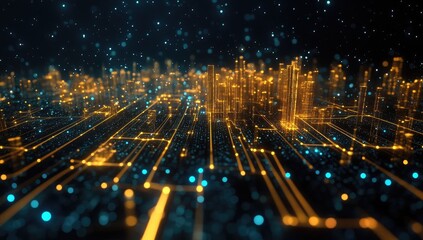 Digital city, glowing lines, abstract