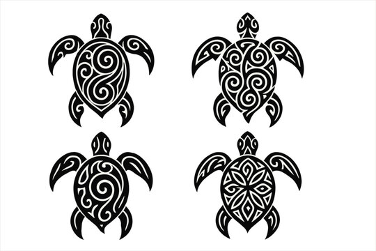 Tribal turtle tattoo set. Polynesian sea animal symbol. Intricate Maori ethnic ornament collection. Black vector illustration for design on a white background.