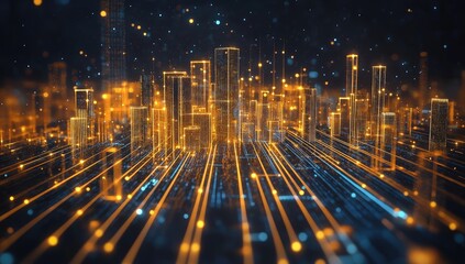 Futuristic city skyline, digital lines, golden buildings