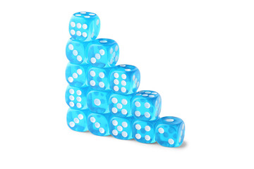 Stack of blue game dices on white background