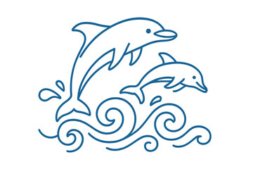 Fototapeta premium Playful dolphins jumping in ocean waves. Continuous line art vector illustration. Cute aquatic wildlife graphic for logo or icon. Marine animal concept design.