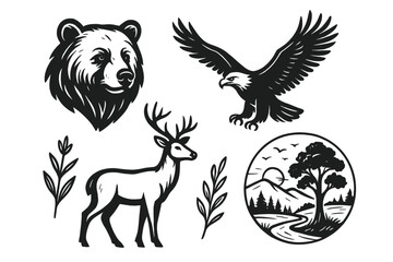 Obraz premium Wildlife collection vector set with bear head, flying eagle, deer stag silhouette. Mountain landscape emblem. Nature, adventure, forest animals icons for logo or decal.