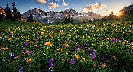 Fototapeta premium Vibrant alpine wildflower meadow glowing in the golden light of a spectacular mountain sunrise.