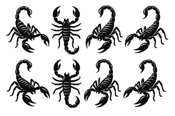 Scorpion vector illustration set. Black silhouette icons for tattoo design, logos. Scorpio zodiac sign. Dangerous poisonous arachnid. Tribal animal graphic element collection.