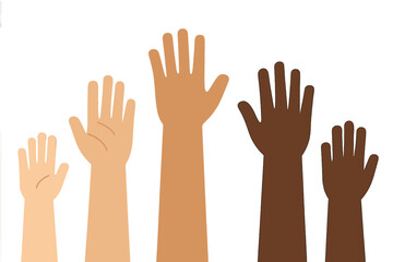 Diverse raised hands in various shapes and sizes, all facing forward, symbolizing unity, inclusion, and diversity. Vector illustration with transparent background.