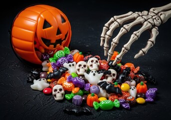 Skeleton hand reaching for Halloween candy spilling from pumpkin bucket image photo