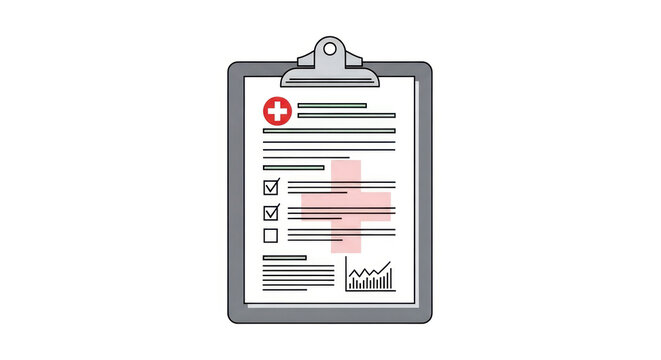 A medical clipboard holds a patient's health report with a checklist, data, and a red cross symbol.